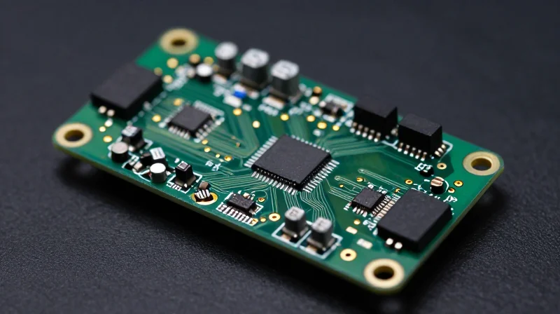 A close-up view of a high-tech micro printed circuit board for a vaping device.