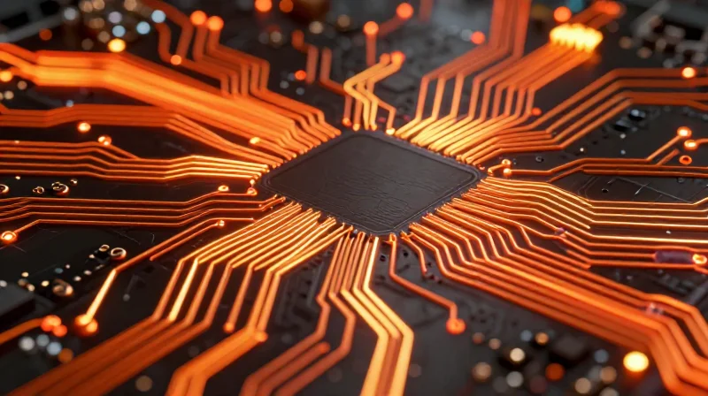 An abstract visualization of heat paths and copper tracks on a circuit board.
