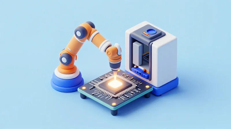 Isometric view of automated robotic assembly for micro components.