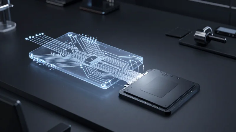 Concept art of a design transitioning from a blueprint model to physical hardware.