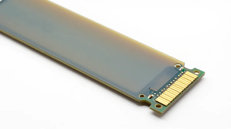 Close-up of a rigid-flex circuit board showing the folding transition between flexible polyimide and rigid layers