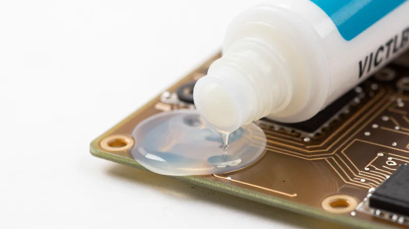 Close-up of waterproof polymer materials and sealants on an electronic component.