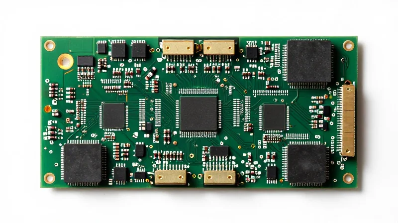 Top-down view of a precision-engineered circuit board with organized components.