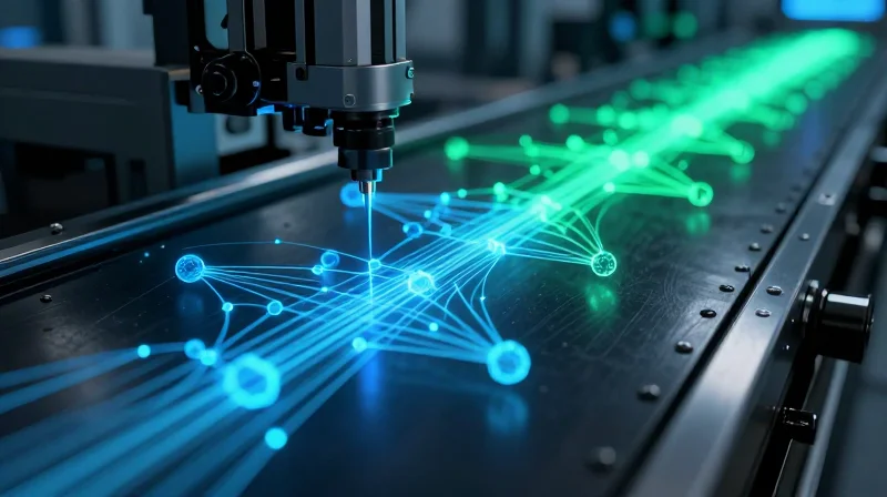 Conceptual visualization of digital data flow and precision inspection nodes in a factory.