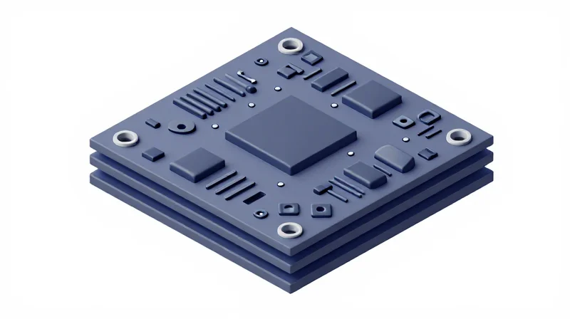 Isometric view of a high-density interconnect PCB showing layered micro-vias and dense component mounting.