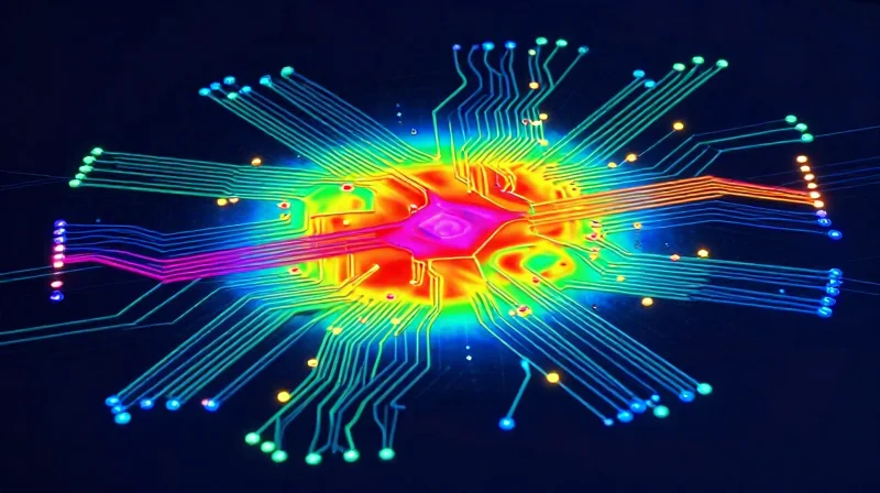A diagrammatic view of a circuit board showing isolated zones for heat-generating components and mechanical anchors.