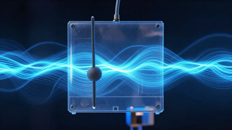 An abstract visualization showing electromagnetic waves around an antenna being affected by a moisture layer.