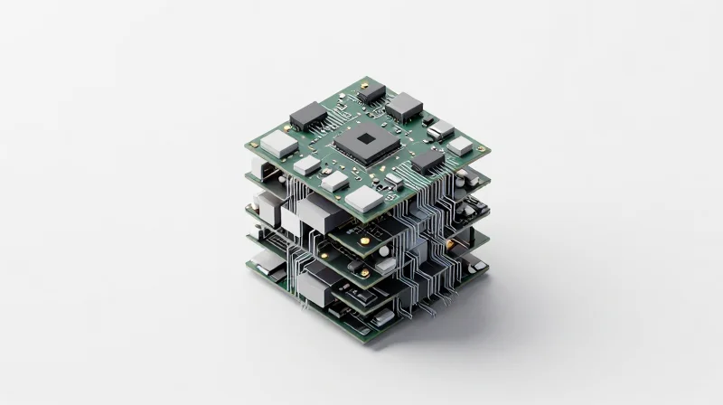 Abstract 3D representation of dense electronic circuit board miniaturization with complex layered components.