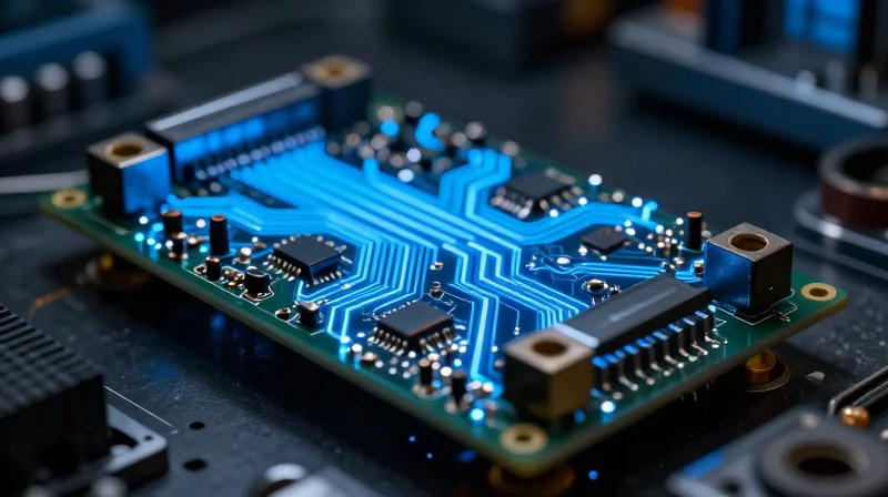 A close-up of a high-tech PCBA board connected to a load cell sensor with glowing fiber optic data paths.