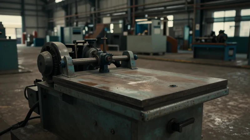 A blurry, chaotic industrial factory scene showing old, inefficient weighing equipment with heavy shadows.