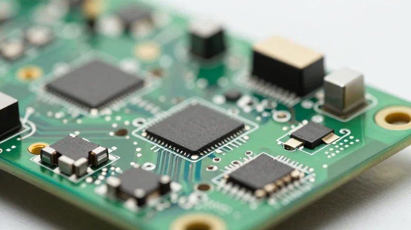 A close-up of a high-tech printed circuit board with glowing connectors and clean, professional soldering.