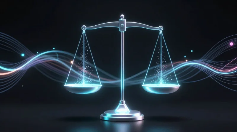 Abstract representation of high-precision weighing using glowing nodes and refined balance scales.