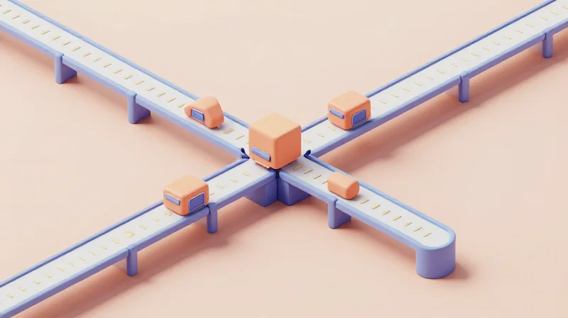 Isometric 3D view of an automated manufacturing line showing clean modules and systematic workflow.