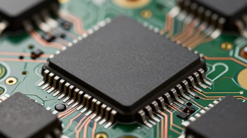 Macro view of a tiny ADC component on a PCB with clean traces.