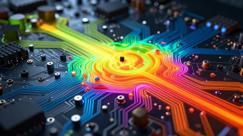 Abstract visualization of thermal management on a circuit board surface.
