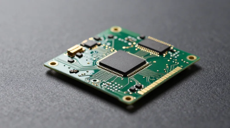 A clean, modern PCBA circuit board showing intricate electronic components and integrated microchips in a studio setup