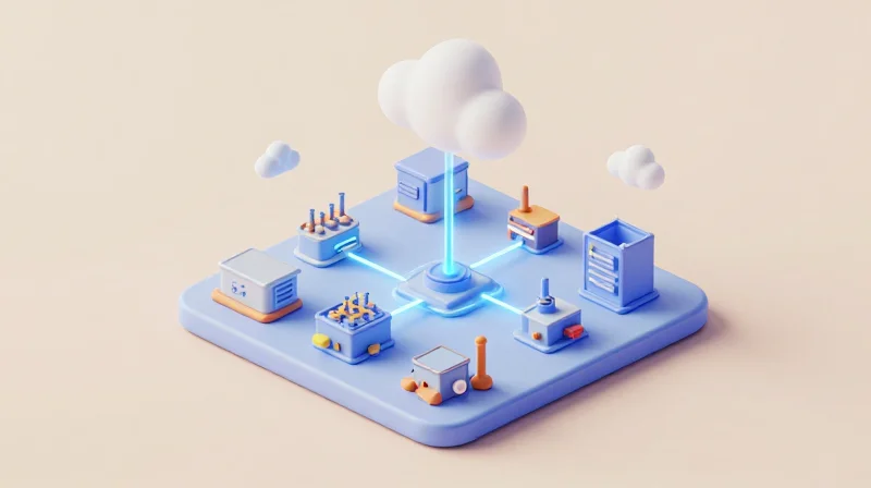 Isometric view of a connected smart factory floor with floating icons representing data communication with the cloud