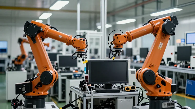 A modern electronics manufacturing factory showing a seamless production line