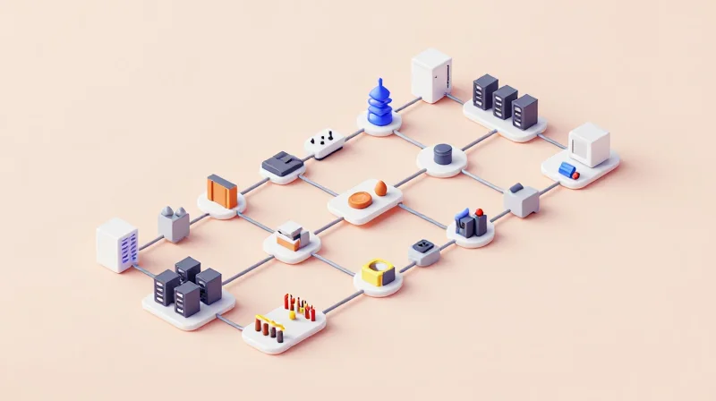 Isometric view of a simplified, efficient logistics and supply chain system