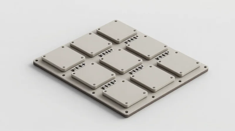 An isometric 3D view of multiple PCB boards arranged in an array for manufacturing