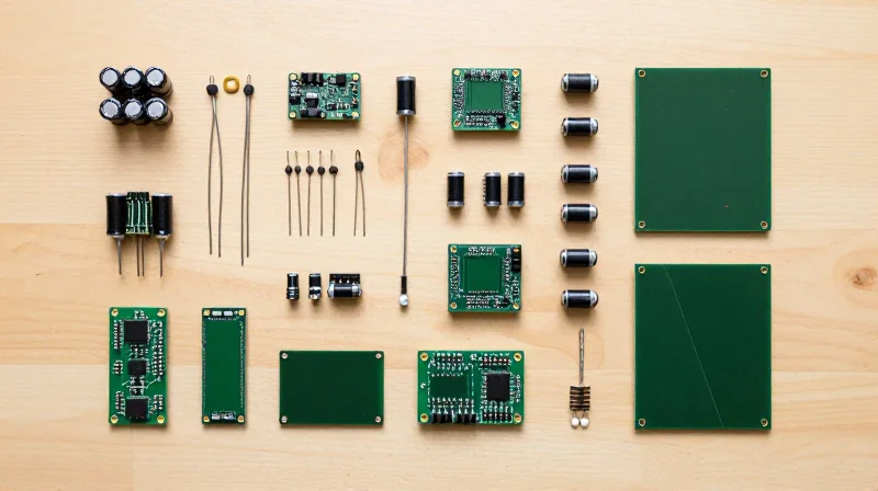 A flat lay of various electronic components and bare printed circuit boards organized on a clean workshop surface