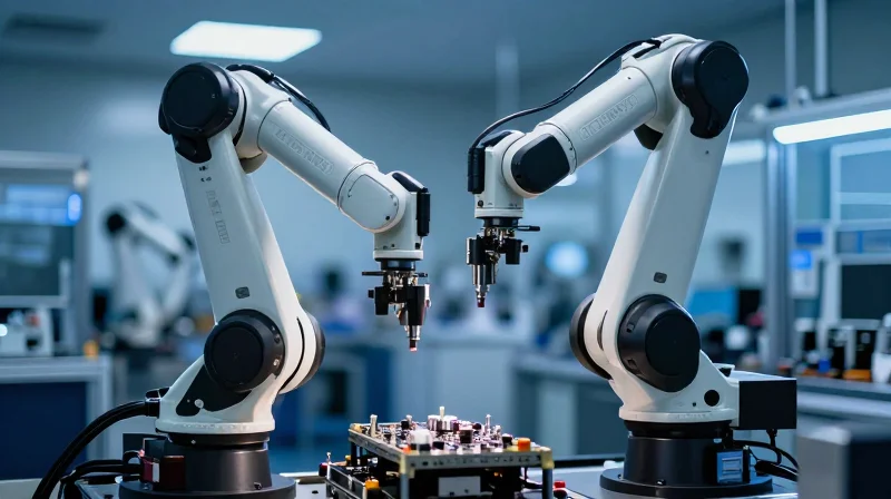 A high-speed automated robotic arm placing components on a circuit board in a modern facility