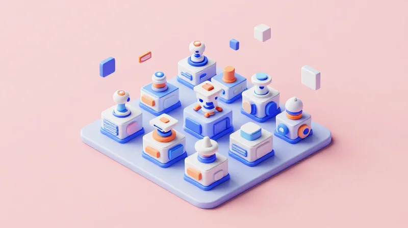 Isometric view of a small factory floor expanding into a larger, more complex automated system