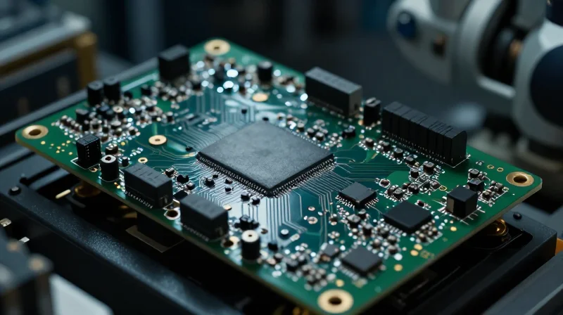Close-up of a high-tech printed circuit board for an industrial robotic controller