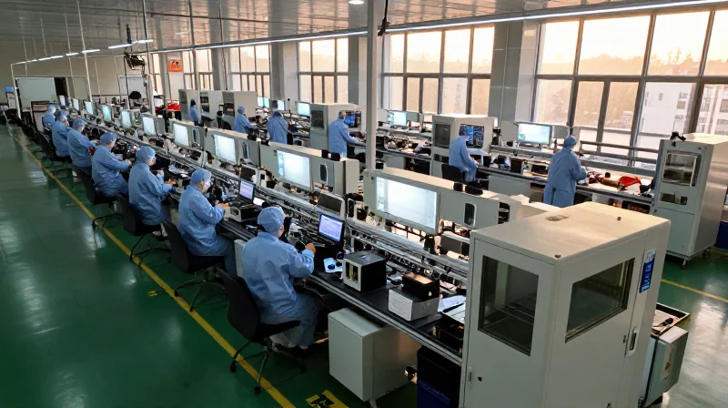 Wide shot of a clean, modern high-tech electronics manufacturing facility