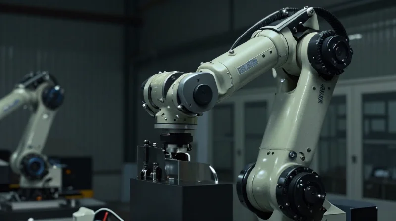 A close-up of a damaged industrial robotic arm in a darkened factory, highlighting the cost of equipment failure.