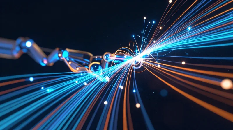 Abstract representation of data flow and glowing nodes representing predictive monitoring in robotics.