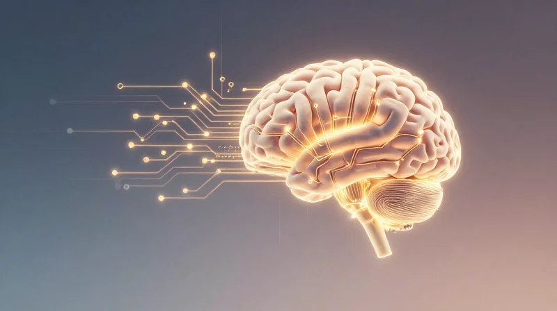 Conceptual art showing an abstract brain and a robotic hand, representing AI-driven design.
