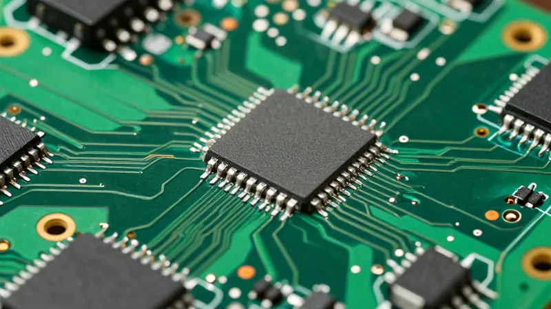 A close-up view of an advanced, high-density robotic controller circuit board with intricate microscopic traces and components, emphasizing precision engineering.
