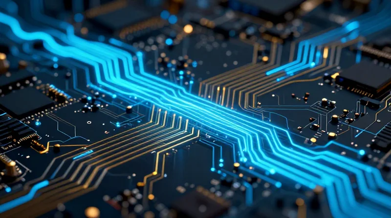 Abstract representation of high-speed electronic signal transmission across circuit traces.