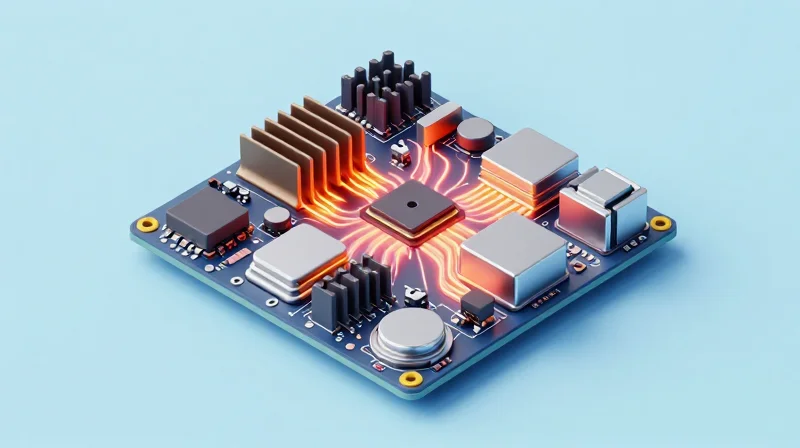 Isometric view of a PCB highlighting thermal via structures and heat sinks.