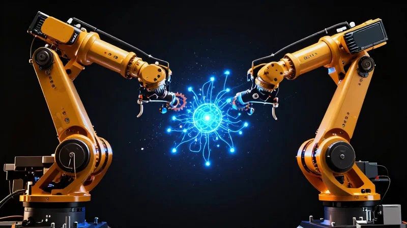 Abstract representation of the transition from traditional centralized mechanical systems to modern intelligent robotic architectures