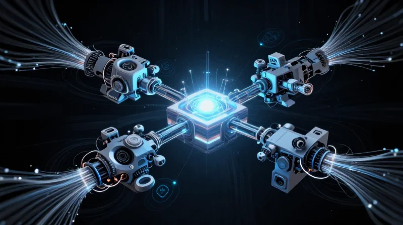 Abstract conceptual visualization of a modular, plug-and-play intelligent robotic ecosystem