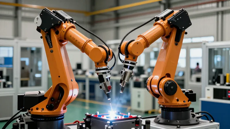 Industrial robotic welding arm in a clean manufacturing plant
