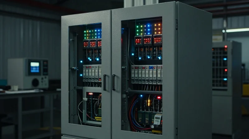 A close up of a industrial programmable logic controller in a manufacturing facility with glowing electrical interference lines in the background