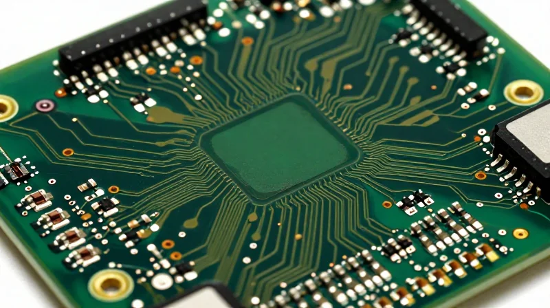 A close-up macro shot of a high-density printed circuit board showcasing intricate copper traces and micro-components.
