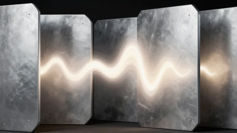 Conceptual visualization of electromagnetic wave interference being blocked by metallic shielding layers.