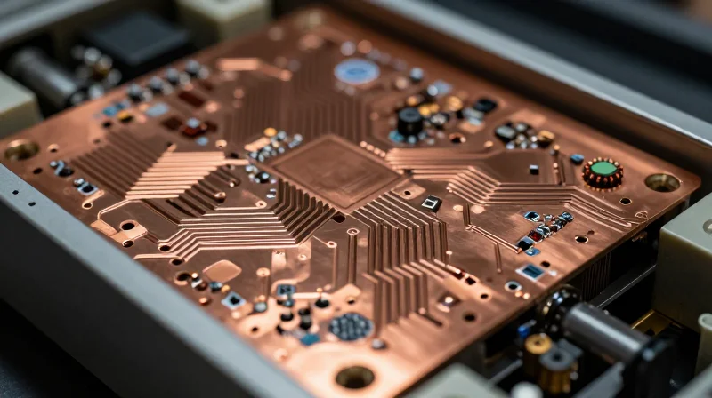 A close-up of a high-power heavy copper PCB used in solar inverter systems, showcasing thick copper traces and robust electronic components.