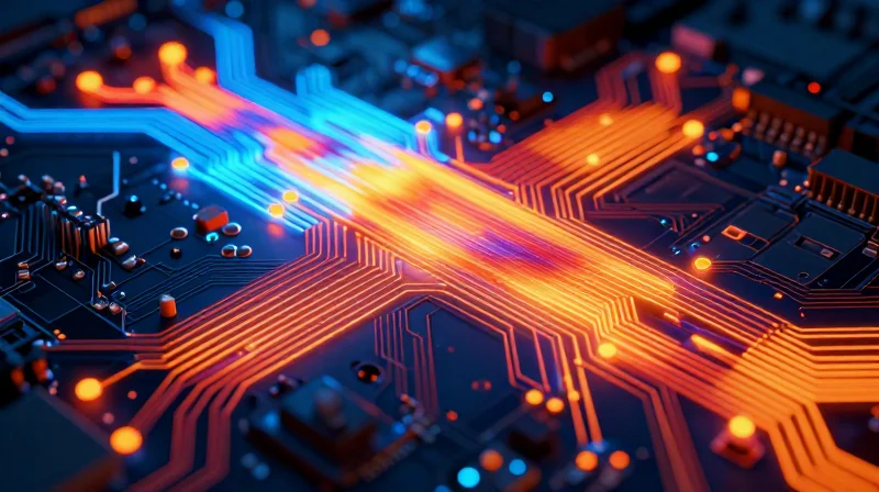 Conceptual visualization of heat dissipation on a high-power PCB board.