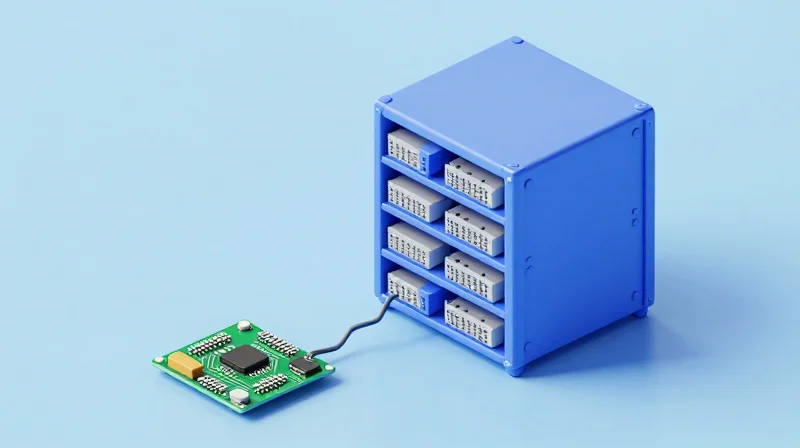 Isometric view showing a small laboratory prototype scaling into a large industrial manufacturing rack.