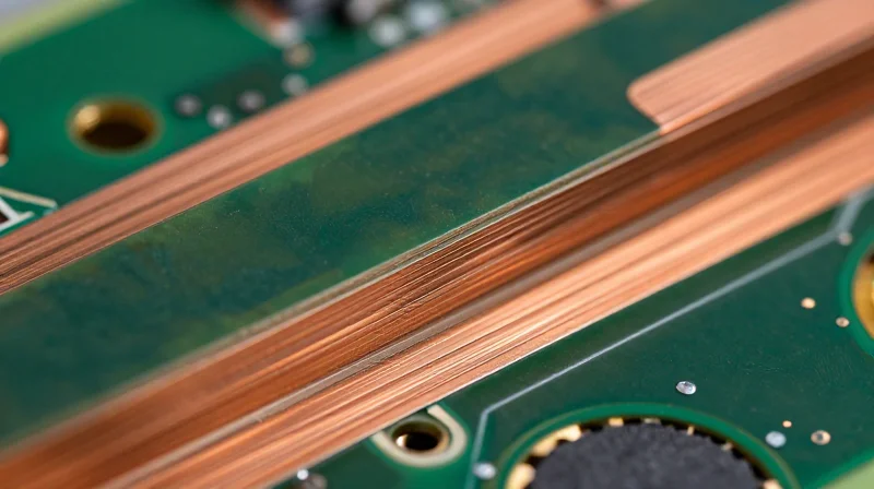 A close-up macro view of a heavy copper printed circuit board showing thick conductive traces and high-quality industrial design.