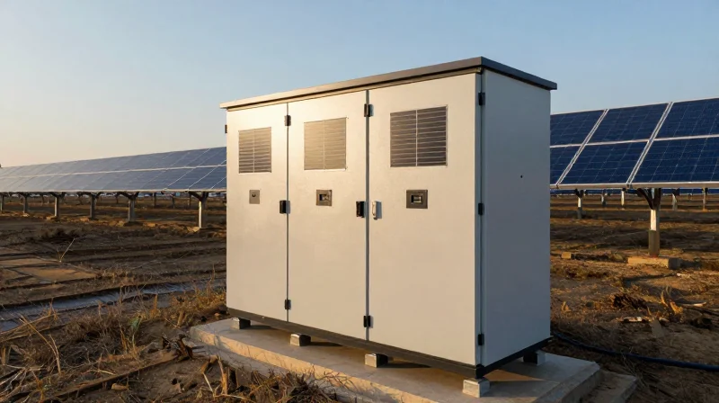 Photorealistic view of a utility-scale solar inverter installation in a clean landscape.