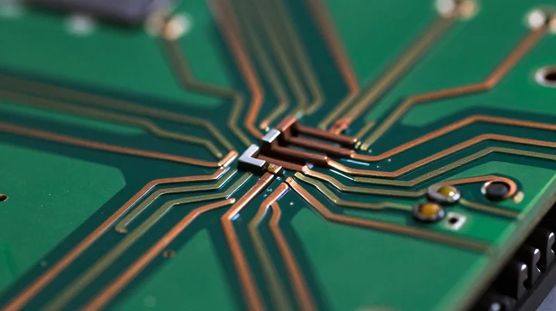 Cross-section of a thick copper PCB showing etched sidewall geometry