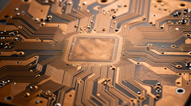 Top down view of intricate copper circuitry on a circuit board