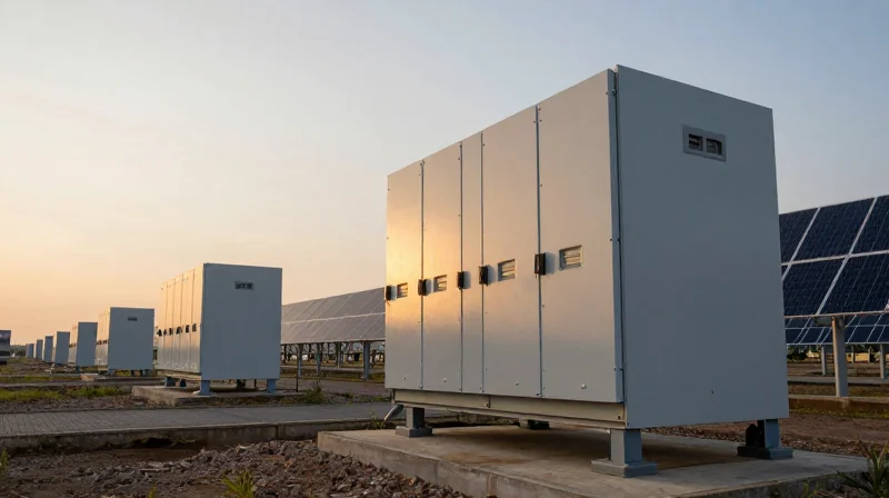 Modern solar power inverter technology on a utility-scale solar farm at golden hour