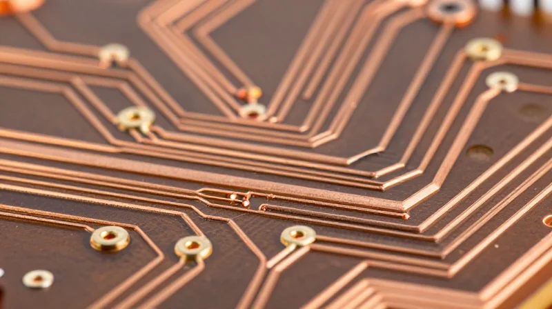 Close-up of a heavy copper printed circuit board showing thick metallic pathways